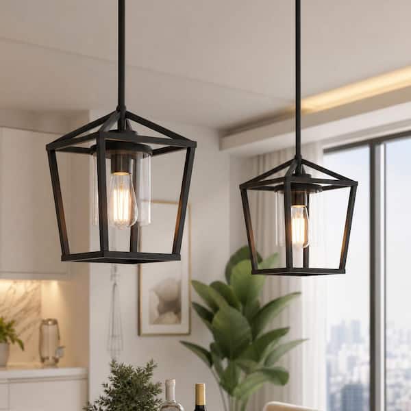 1-Light Matte Black Modern Farmhouse Cage Lantern Shaded Pendant Lighting with Clear Glass Shade for Dining Room, 2-Pack
