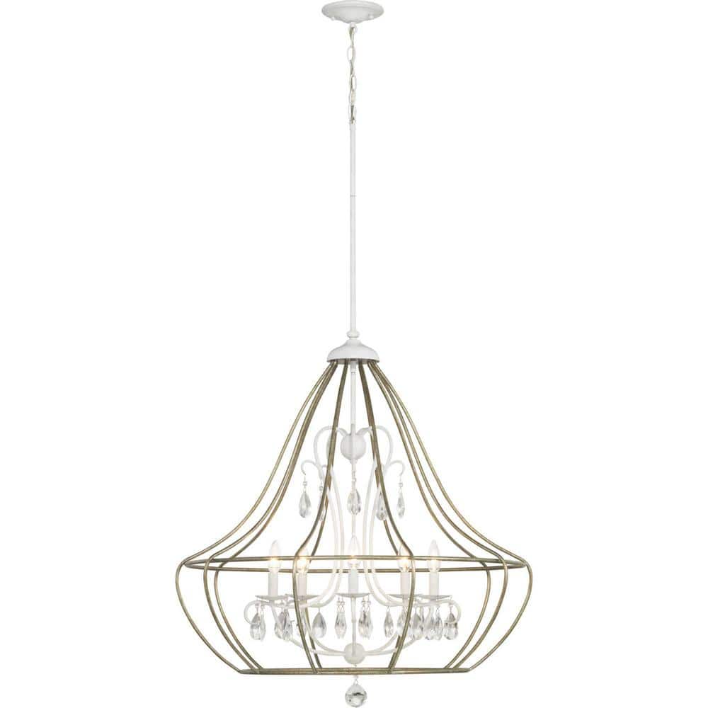 Cottage White Cage Chandelier with Glass Ornaments