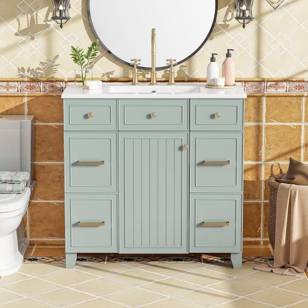 FAMYYT 36 in. W x 18 in. D x 34.3 in. H Single Sink Freestanding Bath Vanity in Green with White Cultured Marble Top