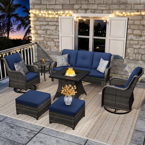 7-Piece Fire Pit Patio Set Wicker Outdoor Patio Conversation Set with Swivel Rocking Chairs, Ottomans and Blue Cushions
