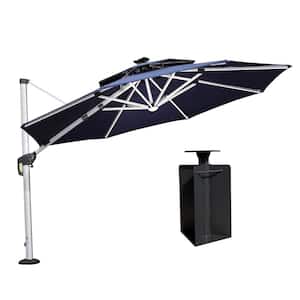 11 ft. Octagon Aluminum Solar Powered LED Patio Cantilever Offset Umbrella with Base in Ground, Navy Blue