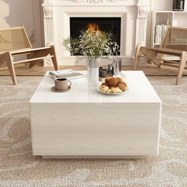 FUFU&GAGA 35.4 in. Length White Wooden Grain Square Wood Lift Top Coffee Table with Hiden Storage and 4-Circular Arc Corners