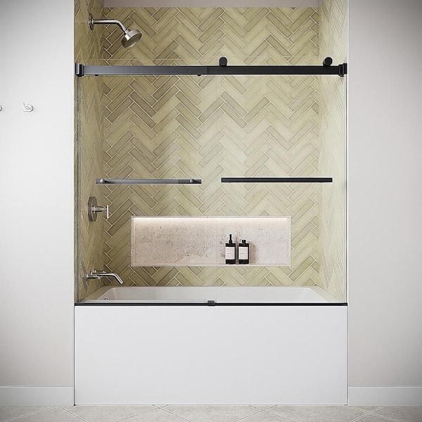 Mavone 60 in. W x 58 in. H Semi-Frameless Sliding Tub Door in Matte Black with Clear CrystalTech 5/16 in. Glass