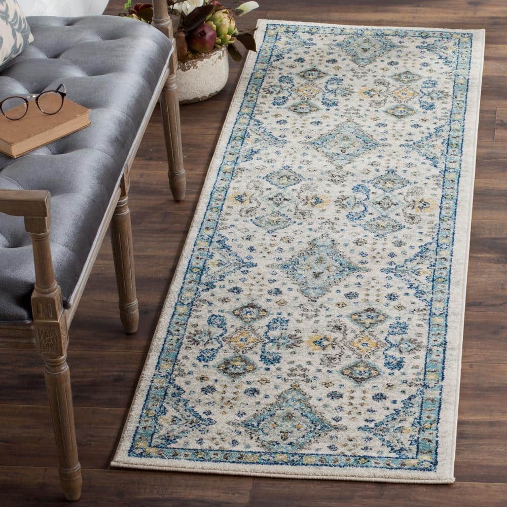 Ivory and Light Blue Synthetic Hand-knotted Runner Rug