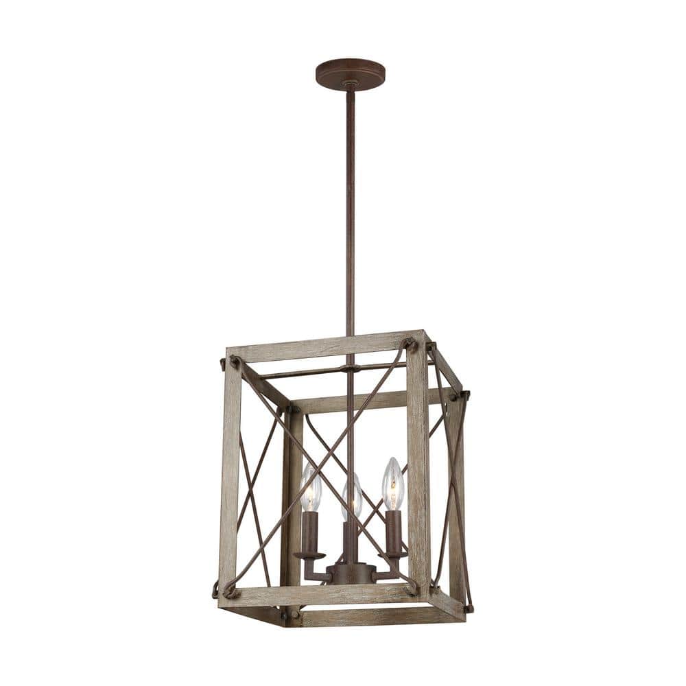 Washed Pine and Black 3-Light Indoor/Outdoor Pendant