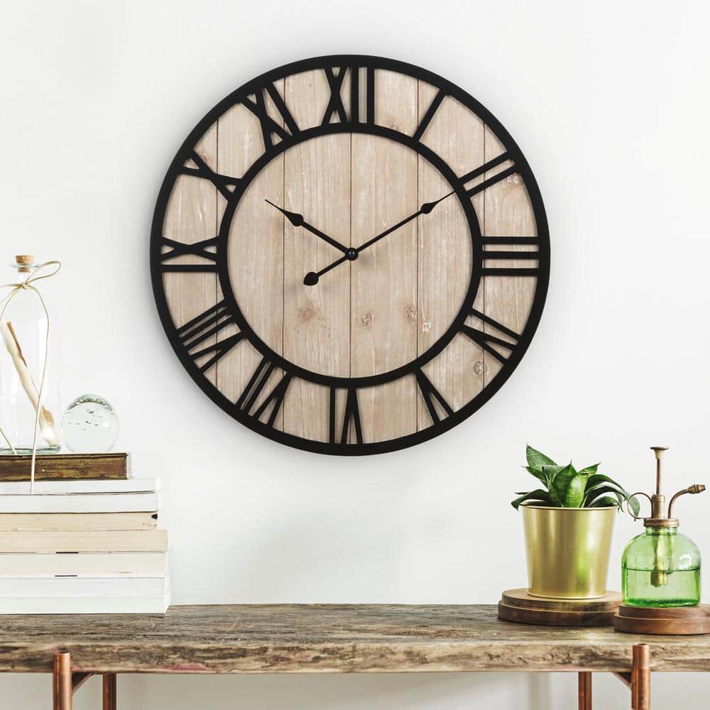 Harper 19.7-Inch Black and Distressed Wood Roman Numeral Wall Clock