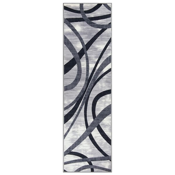 Contemporary Distressed Gray 2 ft. x 7 ft. Abstract Lines Non Slip Runner Rug