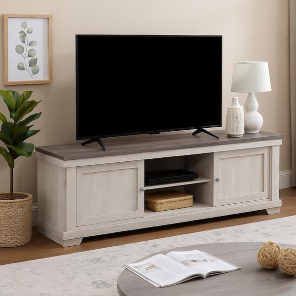 Leya Brown and Gray TV Stand Media Cabinet Fits TV up to 75 in. with 2 Doors and 2 Shelves Cable