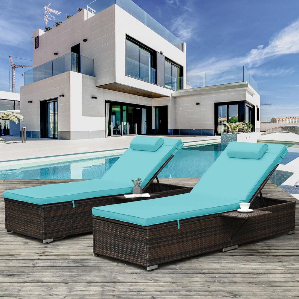 2-Piece Wicker Outdoor Chaise Lounge with Blue Cushions, Folding Side Table