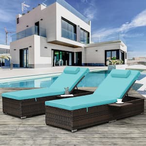 2-Piece Wicker Outdoor Chaise Lounge with Blue Cushions, Folding Side Table and Head Pillows