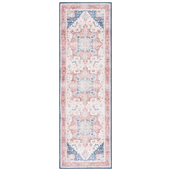SAFAVIEH Arizona Rust/Dark Blue 3 ft. x 8 ft. Distressed Border Ornate Machine Washable Runner Rug