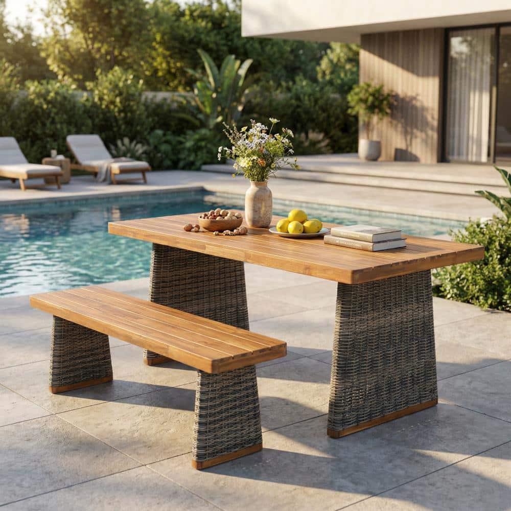 Outdoor Acacia Wood Dining Set, 1 Table & 1 Bench, Gray for Patio Garden price history on PriceWatchPro