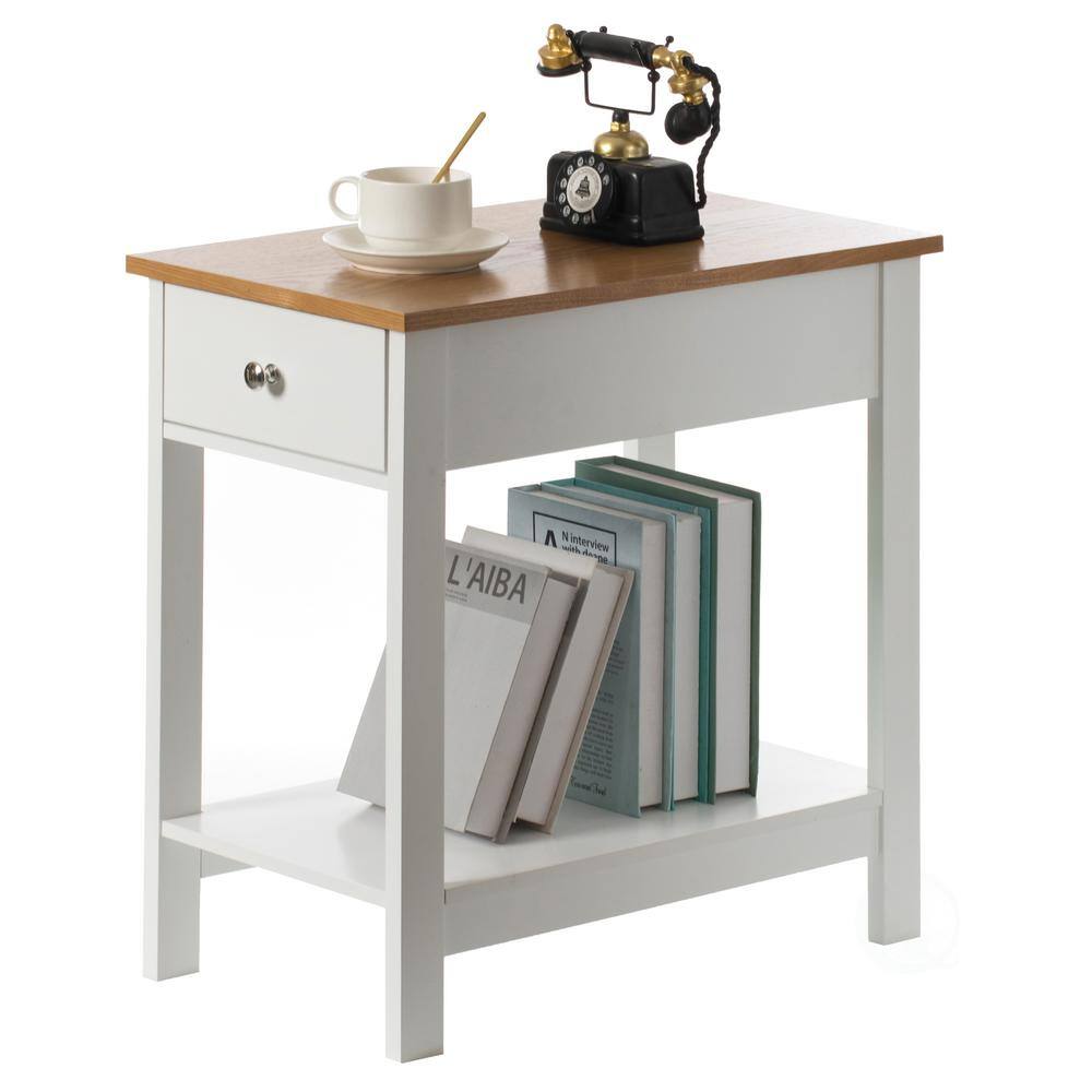 White and Light Brown Wooden Rectangular Accent Table with Drawer and Shelf