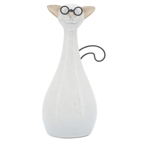 White 4 in. x 7 in. Ceramic Stoneware Chubby Cat with Glasses Figurine