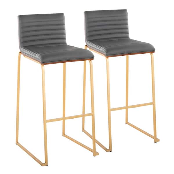 Mason Mara 30.75 in. Grey Faux Leather and Gold Metal High Back Bar Stool with Walnut Wood Seat Back (Set of 2)