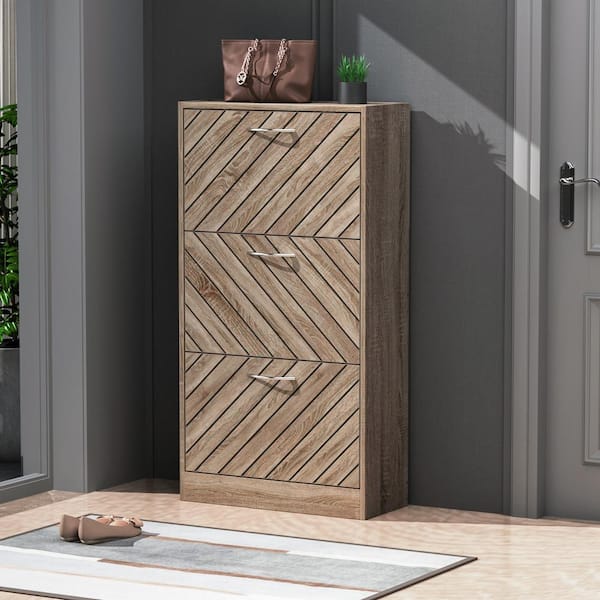 Natural Color 18-Pair Shoe Storage Cabinet with 3-Drawers and 6-Compartments and Wood Grain