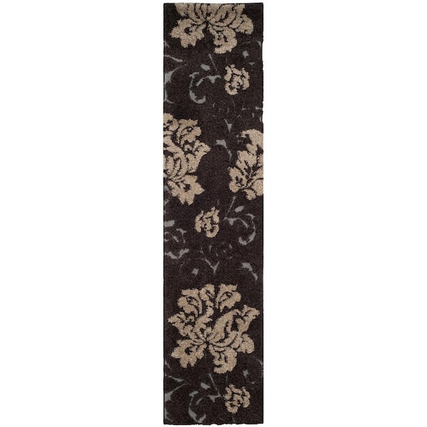 SAFAVIEH Florida Shag Dark Brown/Smoke 2 ft. x 9 ft. Floral Solid Runner Rug