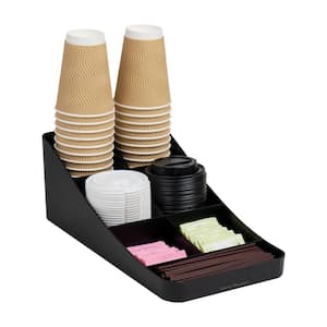 Cup and Condiment Station, Countertop Organizer, Coffee Bar, Stirrers, 7.25 in. L x 15.5 in. W x 5.25 in. H, Black