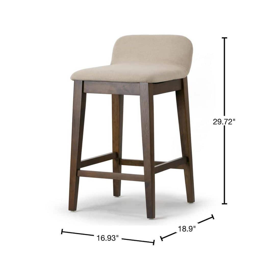 Set of 2 Dark Brown Wood Counter Stools with Beige Fabric Seats