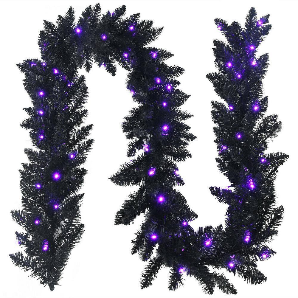 9 ft. Black Fiber Optic Garland with Purple and Orange Lights