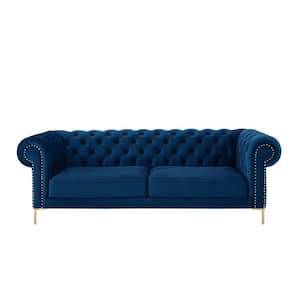 Journie Collection 38.5 in. Wide Flared Arms Velvet Upholstery Traditional Straight Shaped Button Tufted Sofa in Blue
