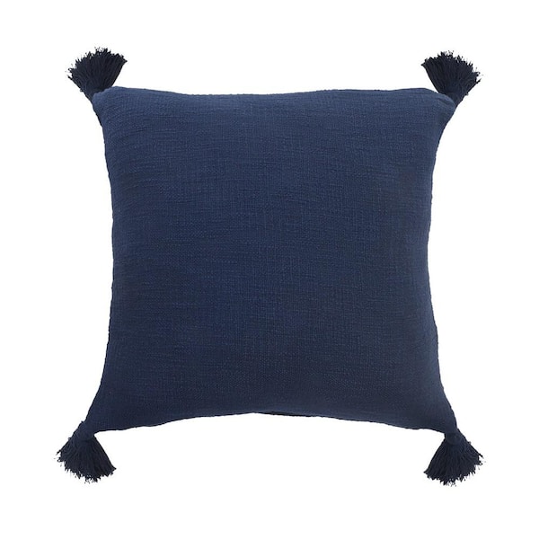 Unbranded Casual Navy Blue Solid Tasseled Soft Poly-Fill 20 in. x 20 in. Indoor Throw Pillow