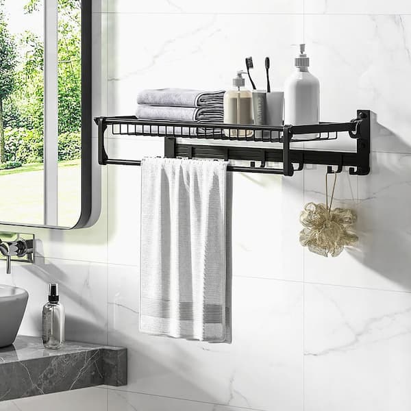 9-Holder Wall Mounted Foldable Towel Rack in Black with Adjustable Towel Bar and Movable Hooks