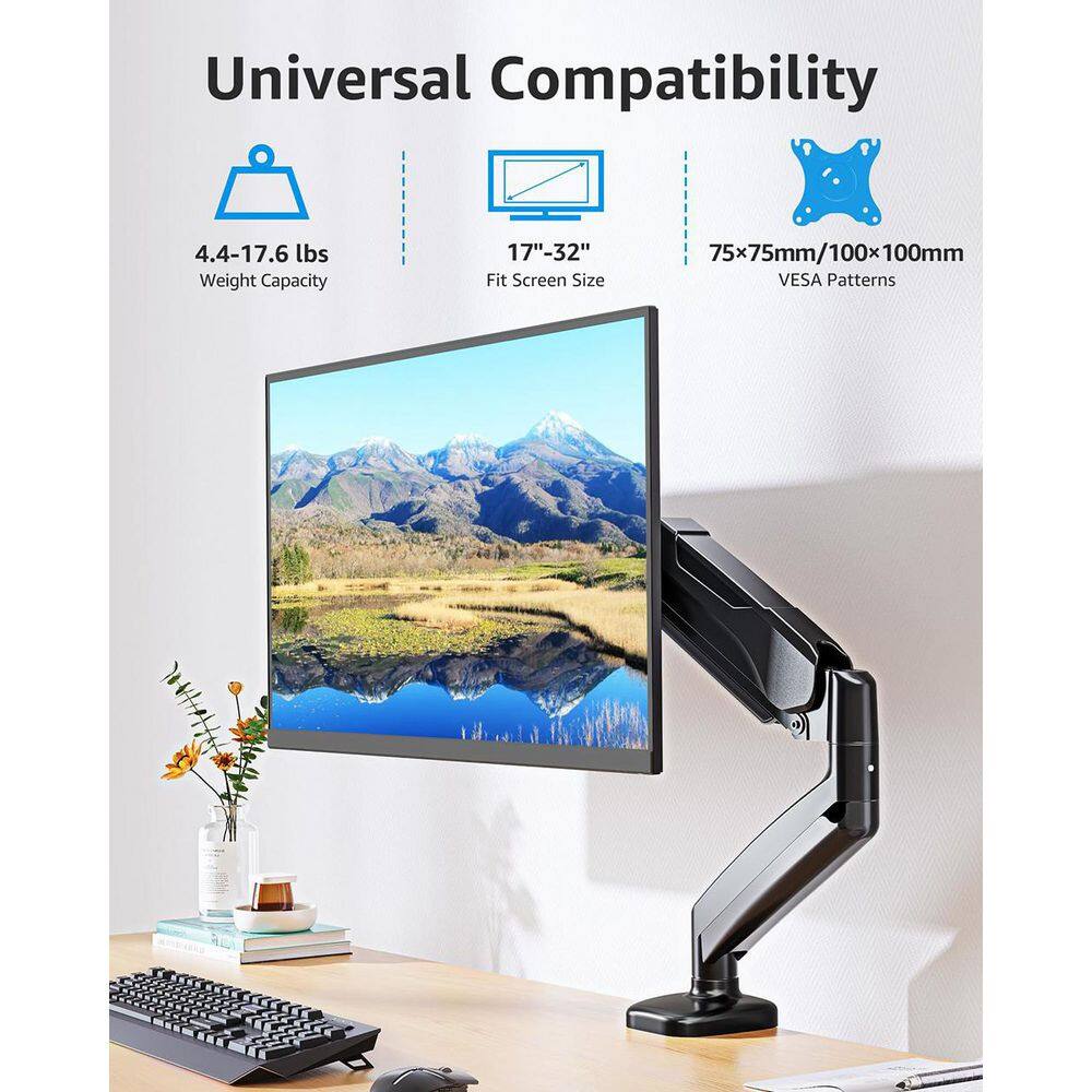 Adjustable Gas Spring Single Monitor Desk Mount Arm Supports Up to 32 in. Screen VESA Stand Black - Thumbnail 4