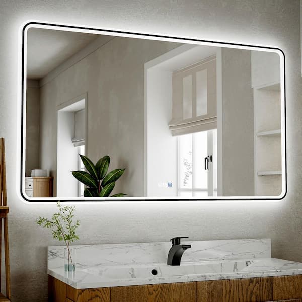 55 in. W x 36 in. H Rectangular Framed Wall LED Bathroom Vanity Mirror with Dimmable LED Bathroom Mirror in Black