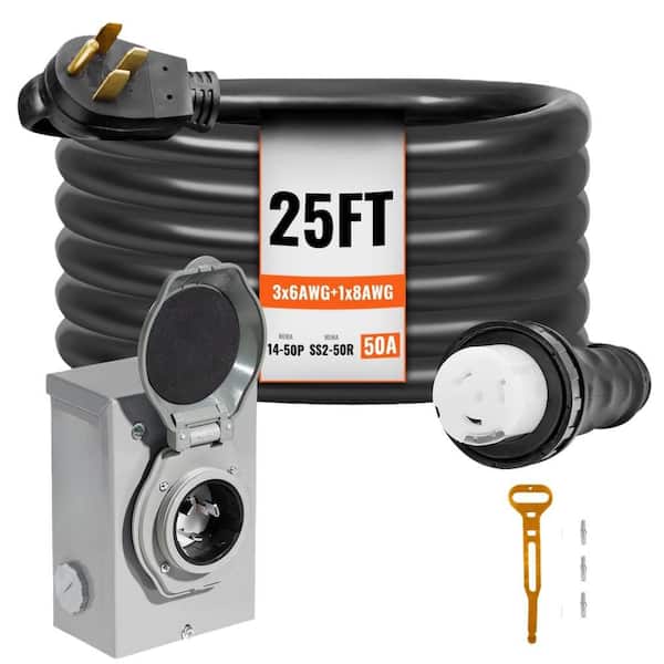 50 Amp Generator Cord and Power Inlet Box Kit, 25 ft. AWG Generator Power Cord with Twist Lock Connector for Generator