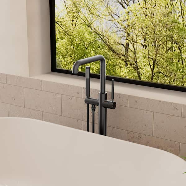 Single-Handle Floor Mount Freestanding Bathtub Faucet with Hand Shower and 360° Swivel Spout in Matte Black