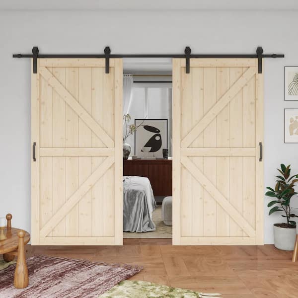 84 in. W. x 84 in. (Double 42 in. Doors) K-Frame, Pine Wood Unfinished, Barn Door Slab with Barn Door Hardware