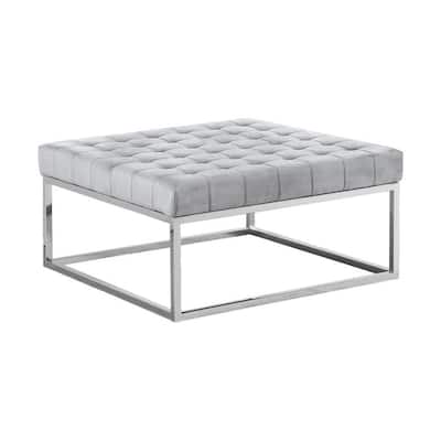 Adnan Tufted Velour Square Grey Stainless Steel Ottoman