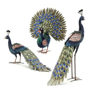 Set of 3 Blue and Green Iron Peacocks with Jewel Detail