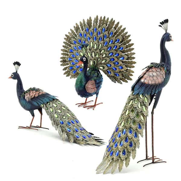 Zaer Ltd. International Blue and Green Iron Peacocks with Jewel Detail (Set of 3)