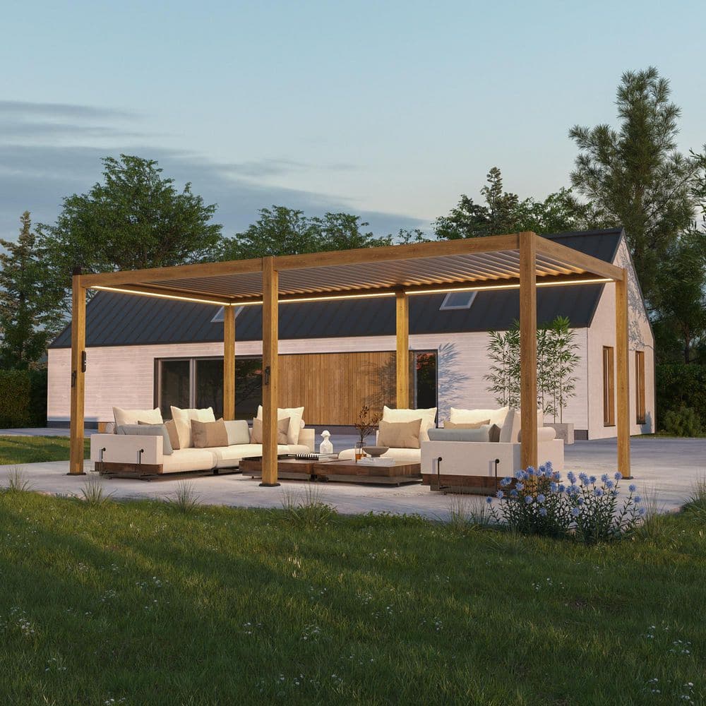 Nordica Series 12 ft. x 20 ft. Aluminum Louvered Pergola with Solar-Powered LED Lights, Wood Grain price history on PriceWatchPro