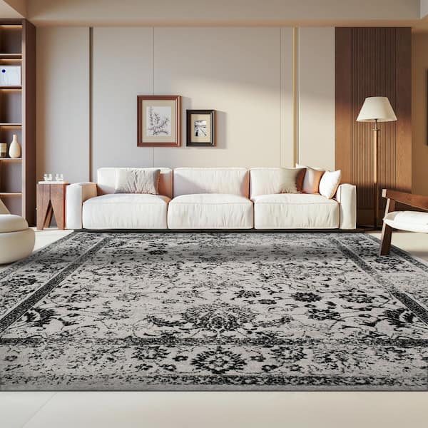 Adirondack 12 ft. x 12 ft. Square Gray/Black Border Distressed Area Rug