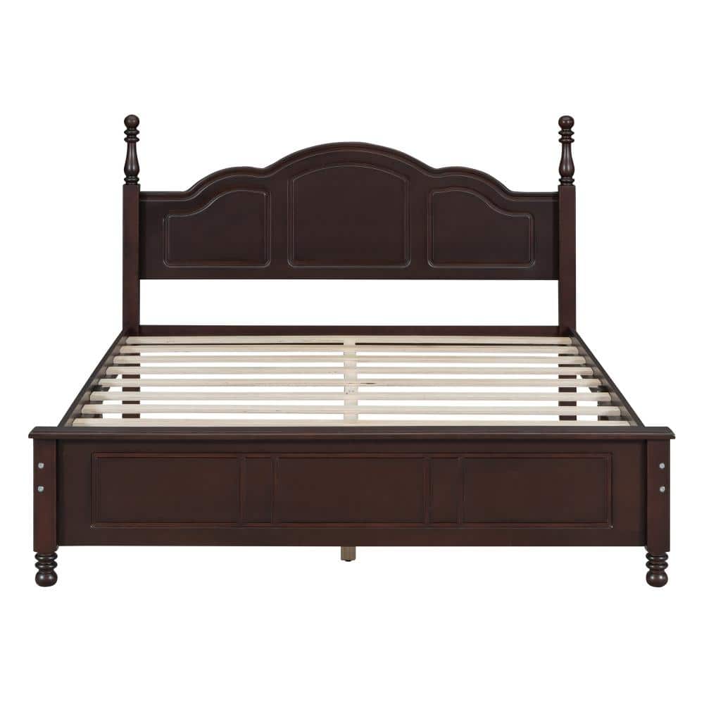 Dark Walnut Wood Queen Platform Bed Frame with Wooden Slat Support, Retro Style, No Box Spring Needed