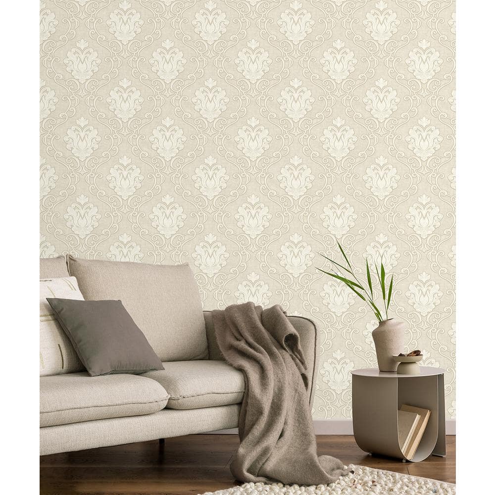 Florentine Neutral Damask Heavy Weight Vinyl Wallpaper, 20.9-in by 33-ft