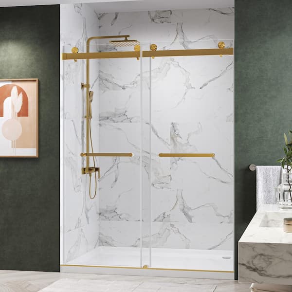 Kobiworks Catalyst-Plus 48 in. W x 76 in. H Sliding Frameless Shower Door in Bushed Gold with Soft Closing and 3/8 in. Clear Glass