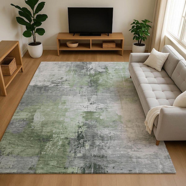 Mayfield Premium Machine Washable Abstract AMF1671 Green 8 ft. x 10 ft. Area Rug