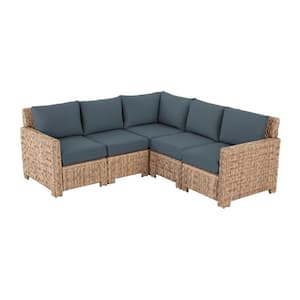 Laguna Point 5-Piece Natural Tan Wicker Outdoor Patio Sectional Sofa with Sunbrella Denim Blue Cushions