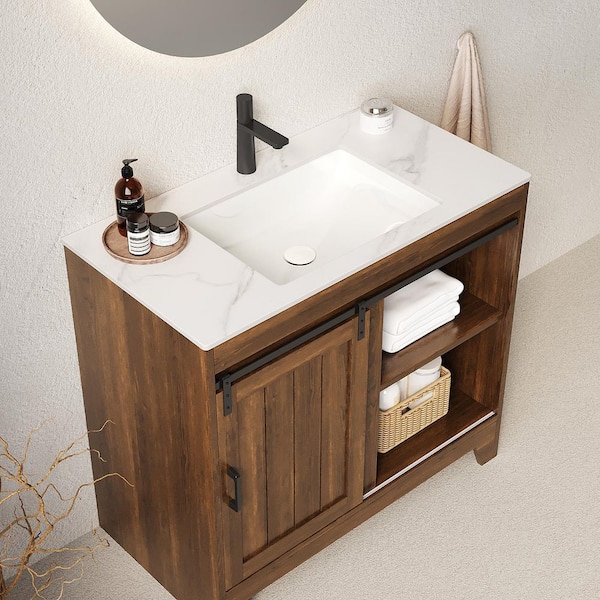 Liory 35. 83in. Freestanding Dark Walnut Bath Vanity with White Ceramic Basin and White Sintered Stone Top Unassembled