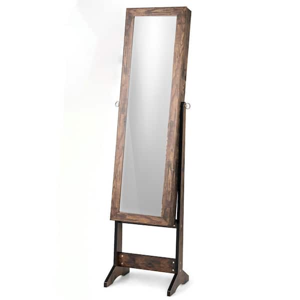 13 in. x 56 in. Rustic Brown Freestanding MDF Jewelry Armoire with Full-Length Mirror