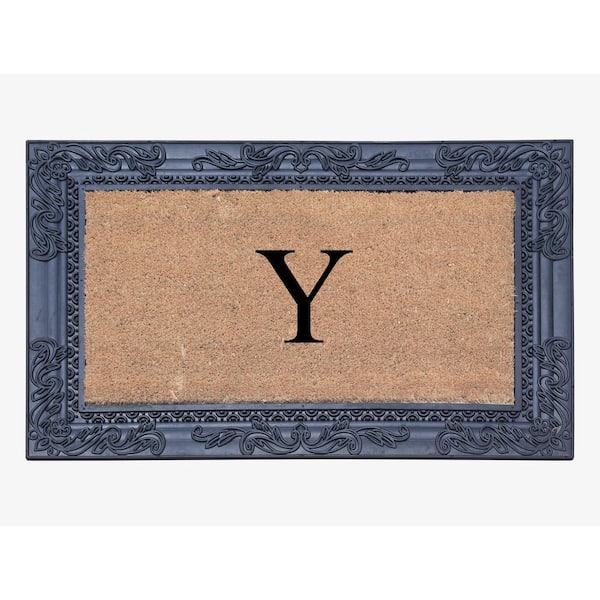 A1 Home Collections A1HC Sketch Border Black/Beige 24 in. x 36 in. Rubber and Coir Heavy Duty Easy to Clean Monogrammed Y Door Mat