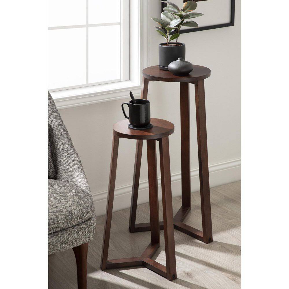 Walnut Brown Round Wood Nesting Tables, Set of 2