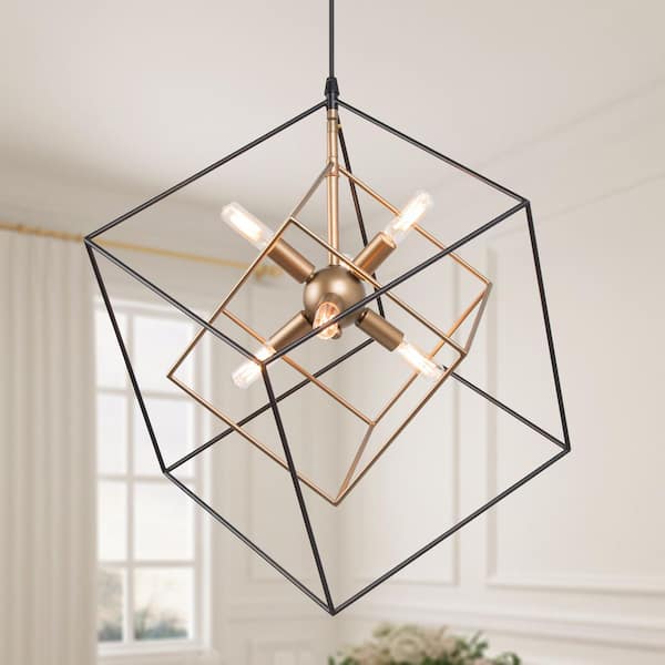 LNC Black Sputnik Candlestick Island Chandelier, Linear Square Modern Industrial 6-Light Gold Nested Cage Pendant Light