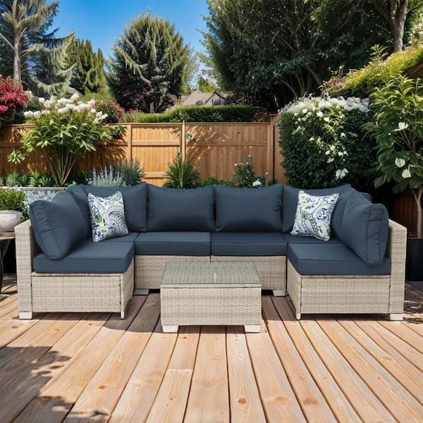 Cesicia 7-Piece Gray Rattan Wicker Outdoor Patio Conversation Sectional Sofa with Dark Blue Cushions and Coffee Table