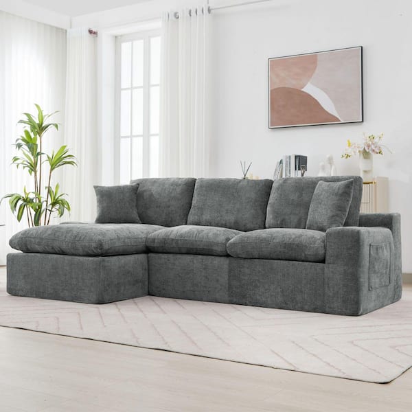 Vivianne 107.9 in Chenille Upholstered Modular Cloud Sectional Sofa in. Grey, Double-layer Cushion, Side Pockets