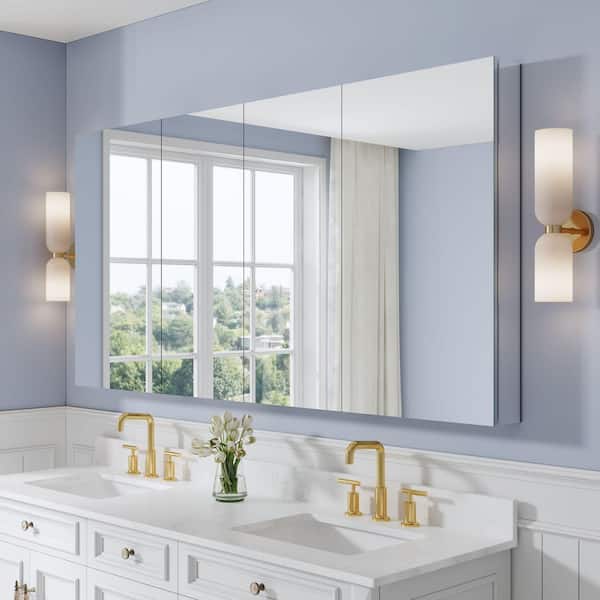 ROSA 72 in. W x 36 in. H Surface/Recessed Mount Rectangular Tri-View Aluminum Medicine Cabinet with Mirror, Combo Set